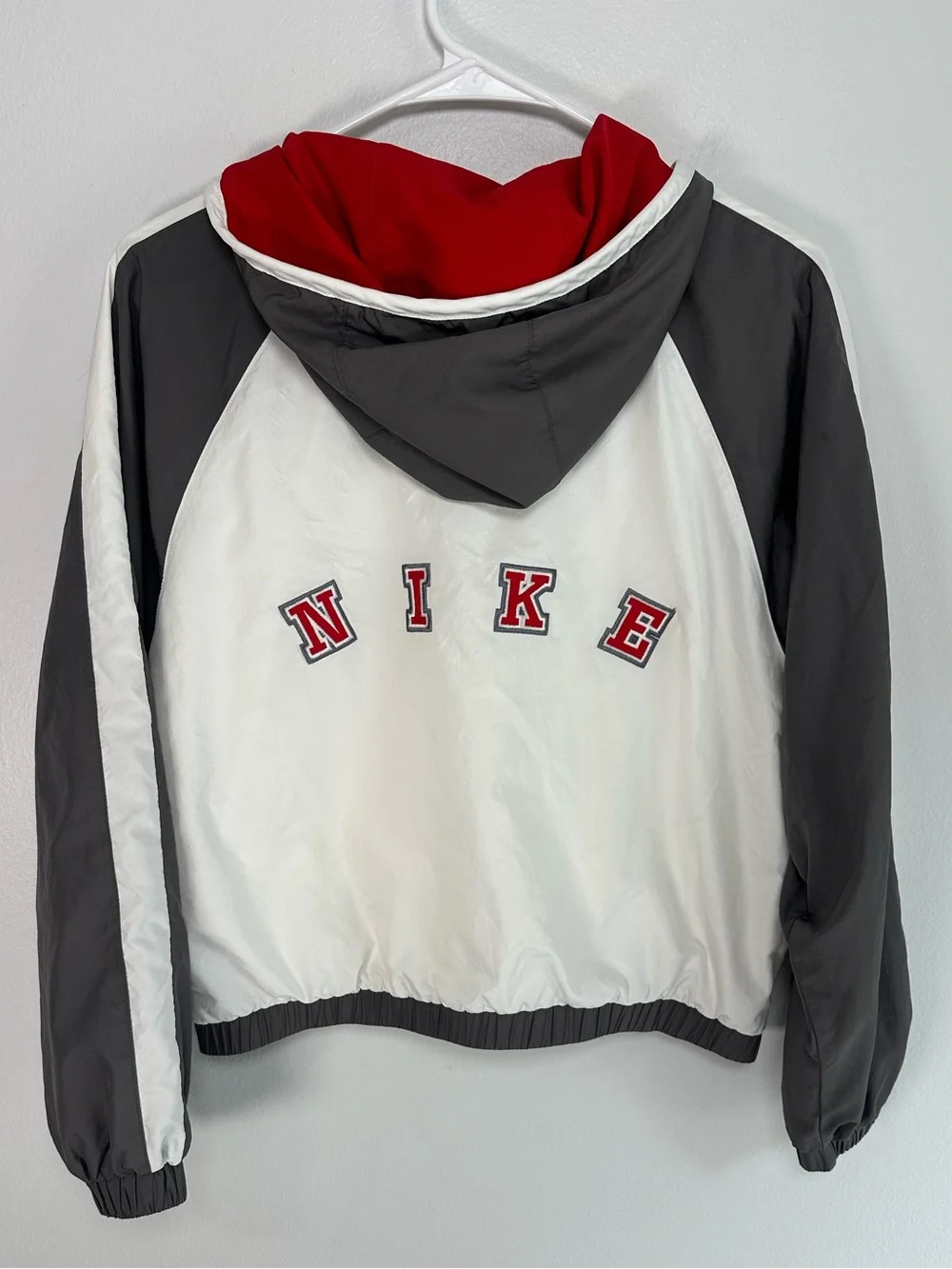 Vintage Nike Y2K White, Charcoal & Red Hooded Track Jacket spellout Windbreaker